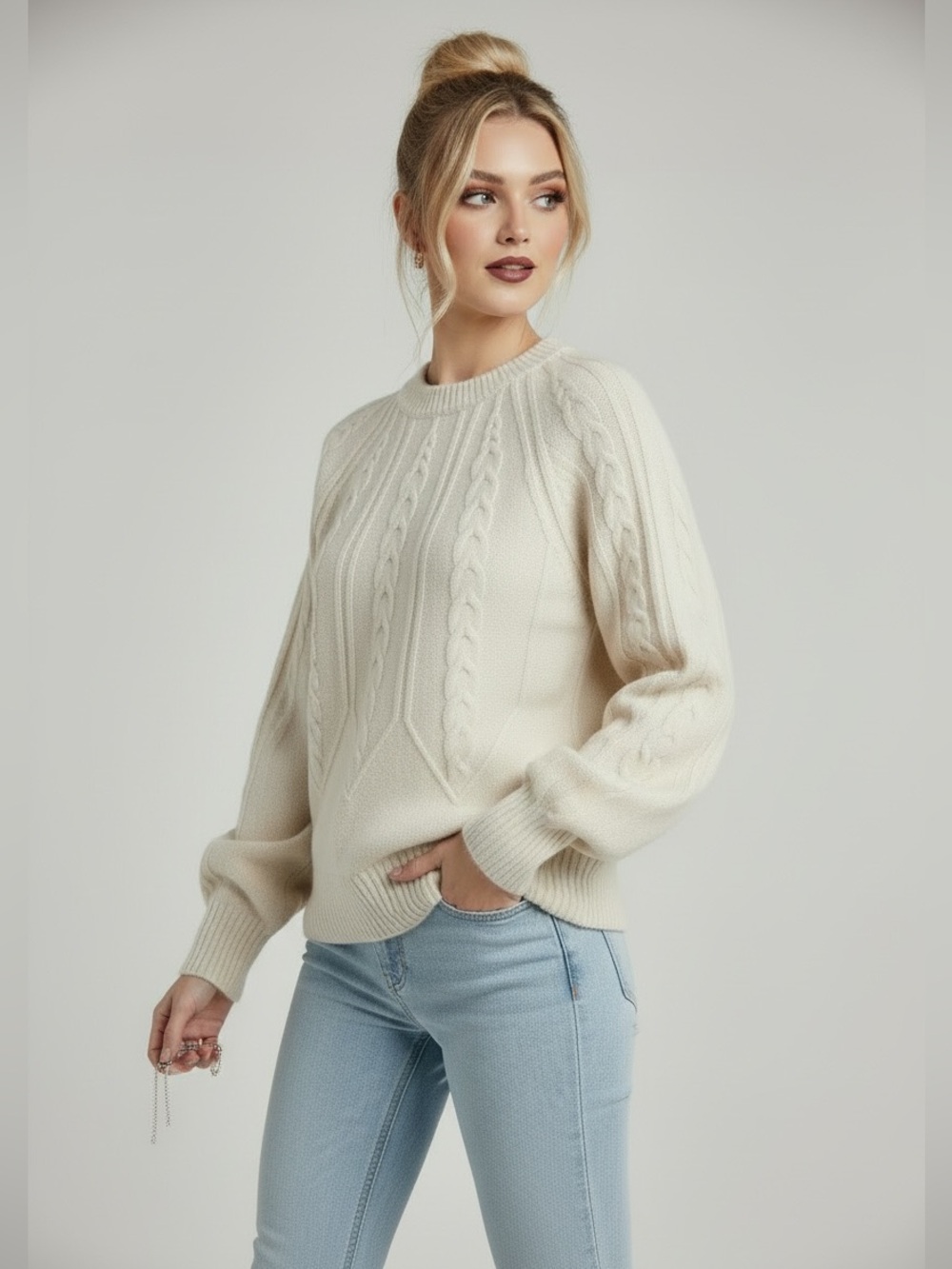 Philosophy Cream Cable-Knit Balloon Sleeve Sweater - Size XS